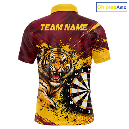 Tiger Splatter Darts Polo 1/4 Zip Shirt For Men Custom Maroon & Yellow Darts Jersey Darts Team Gift NYN4961