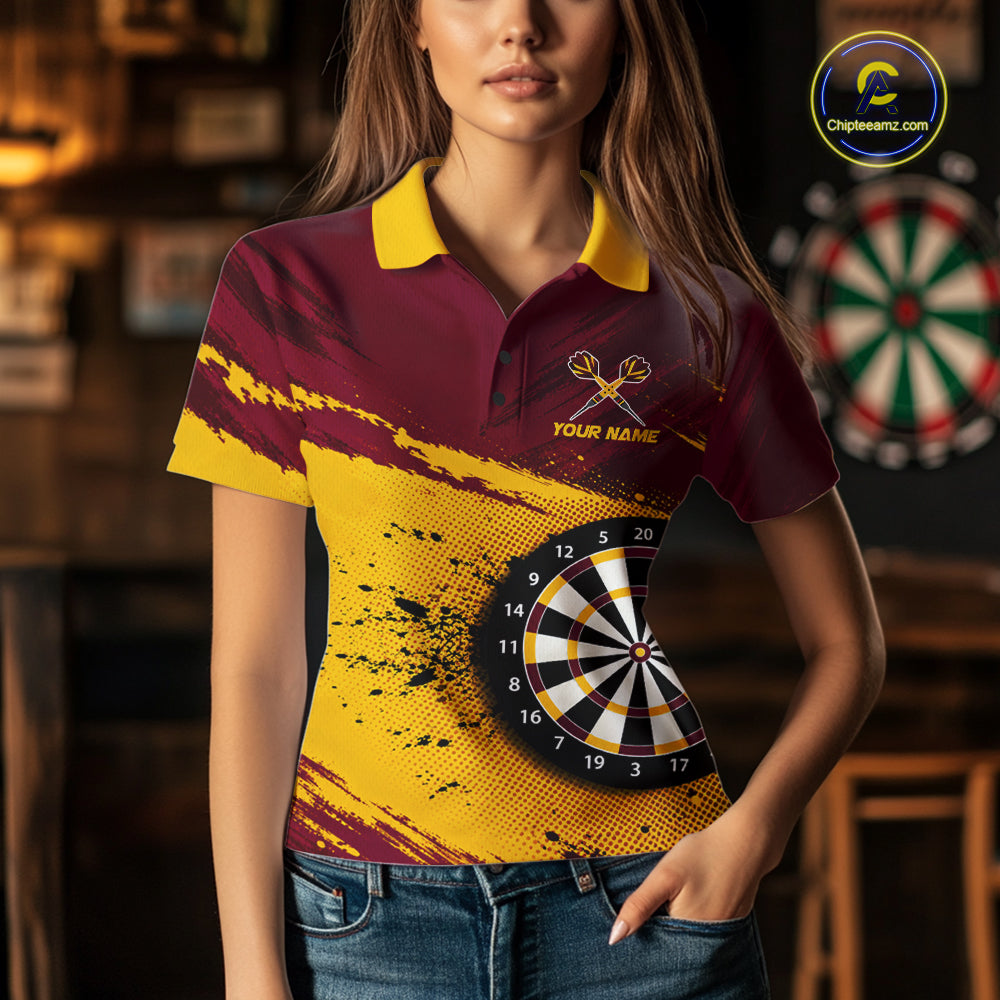 Tiger Splatter Darts Polo 1/4 Zip Shirt For Women Custom Maroon & Yellow Darts Jersey Darts Team Gift NYN4961