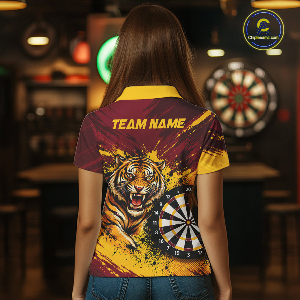 Tiger Splatter Darts Polo 1/4 Zip Shirt For Women Custom Maroon & Yellow Darts Jersey Darts Team Gift NYN4961