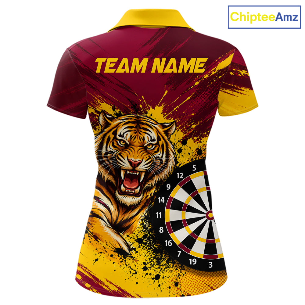 Tiger Splatter Darts Polo 1/4 Zip Shirt For Women Custom Maroon & Yellow Darts Jersey Darts Team Gift NYN4961