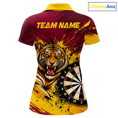 Tiger Splatter Darts Polo 1/4 Zip Shirt For Women Custom Maroon & Yellow Darts Jersey Darts Team Gift NYN4961