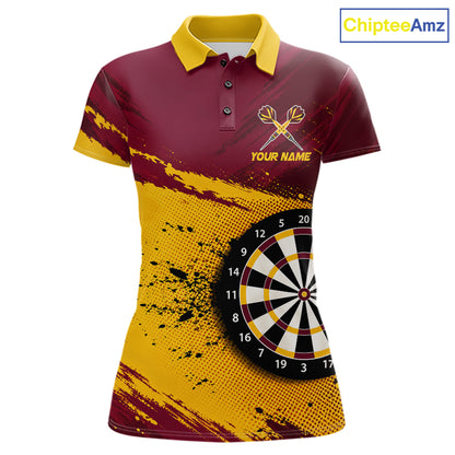 Tiger Splatter Darts Polo 1/4 Zip Shirt For Women Custom Maroon & Yellow Darts Jersey Darts Team Gift NYN4961