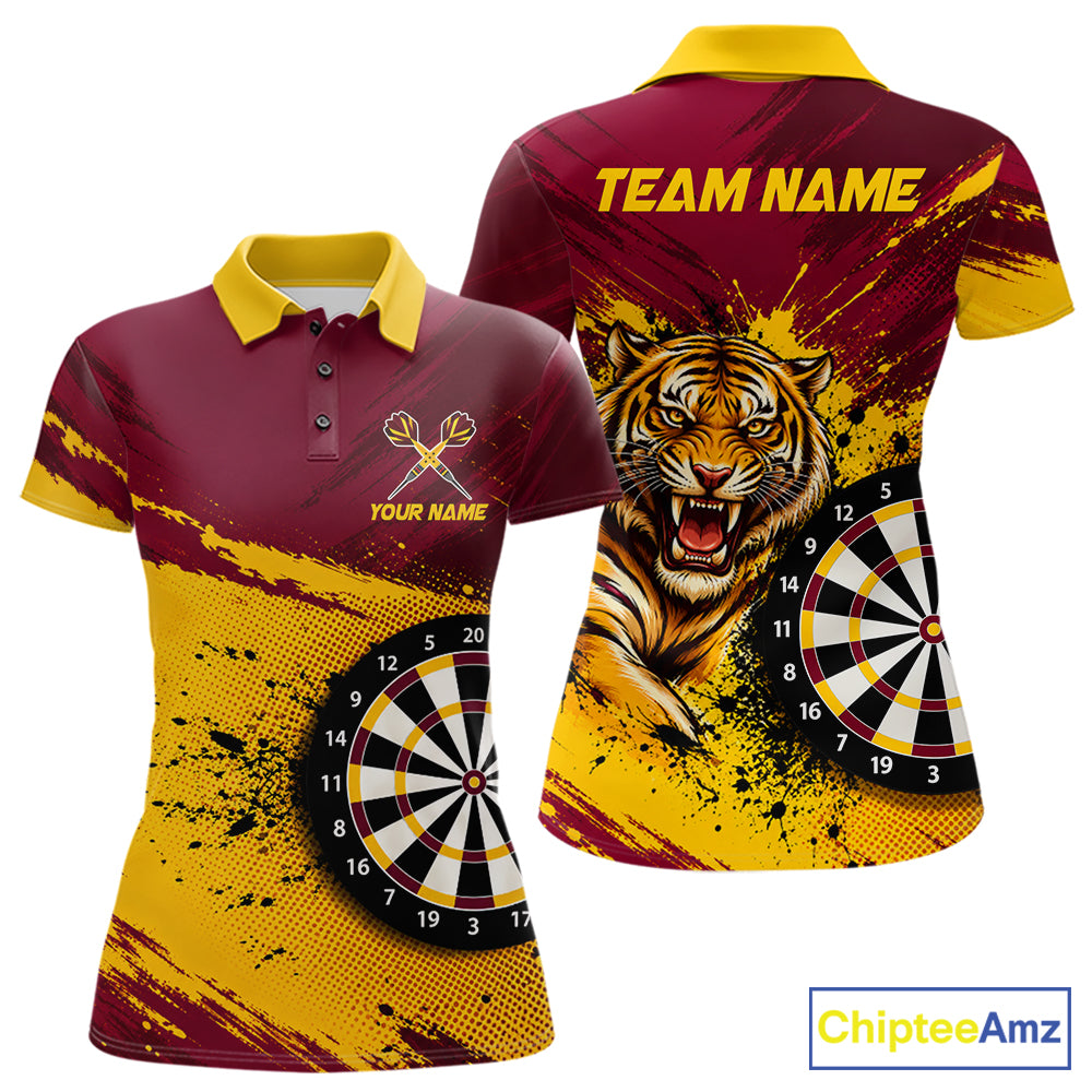 Tiger Splatter Darts Polo 1/4 Zip Shirt For Women Custom Maroon & Yellow Darts Jersey Darts Team Gift NYN4961