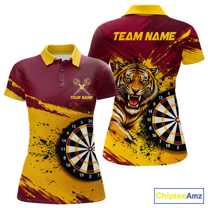 Tiger Splatter Darts Polo 1/4 Zip Shirt For Women Custom Maroon & Yellow Darts Jersey Darts Team Gift NYN4961