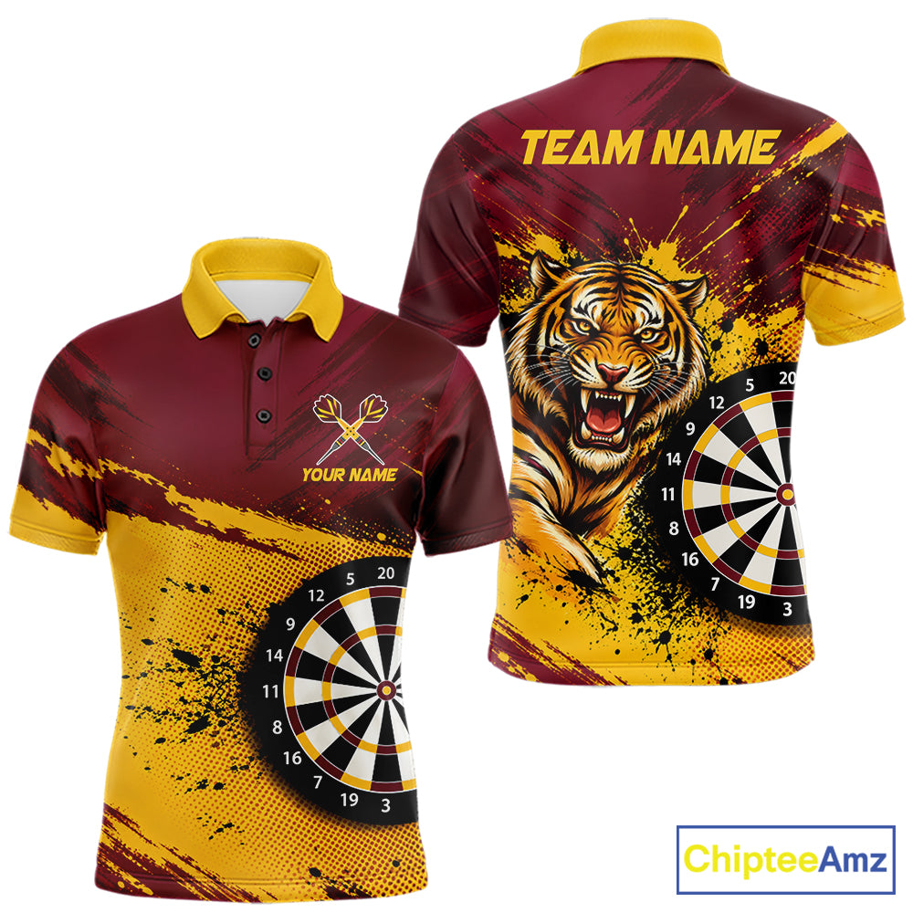 Tiger Splatter Darts Polo 1/4 Zip Shirt For Men Custom Maroon & Yellow Darts Jersey Darts Team Gift NYN4961