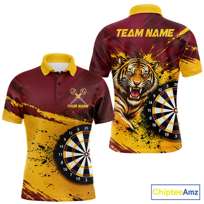 Tiger Splatter Darts Polo 1/4 Zip Shirt For Men Custom Maroon & Yellow Darts Jersey Darts Team Gift NYN4961