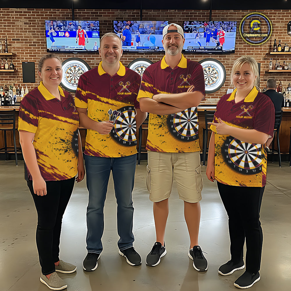 Tiger Splatter Darts Polo 1/4 Zip Shirt For Women Custom Maroon & Yellow Darts Jersey Darts Team Gift NYN4961