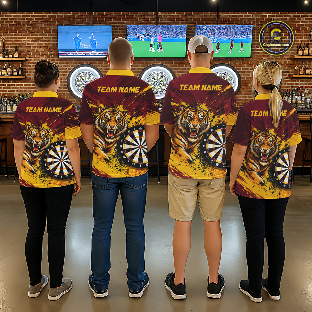 Tiger Splatter Darts Polo 1/4 Zip Shirt For Women Custom Maroon & Yellow Darts Jersey Darts Team Gift NYN4961