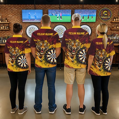Tiger Splatter Darts Polo 1/4 Zip Shirt For Women Custom Maroon & Yellow Darts Jersey Darts Team Gift NYN4961