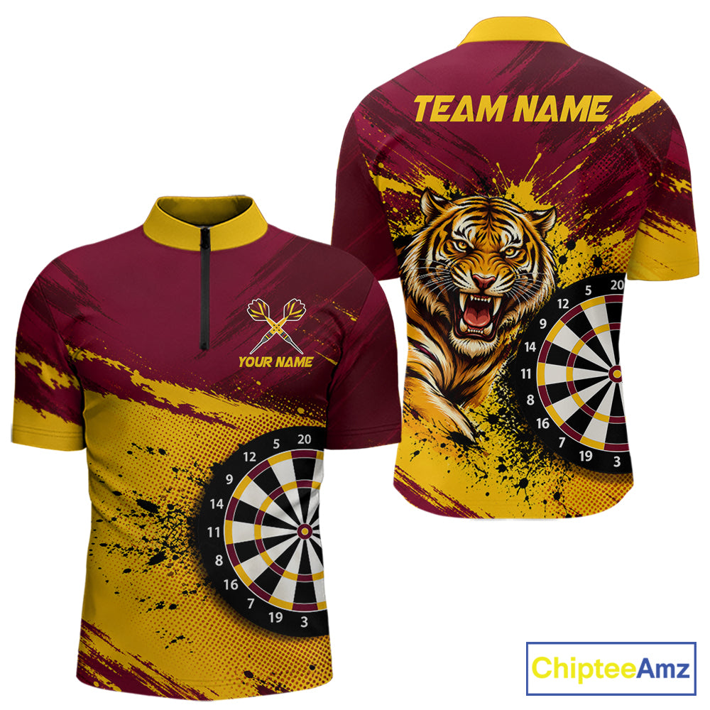 Tiger Splatter Darts Polo 1/4 Zip Shirt For Men Custom Maroon & Yellow Darts Jersey Darts Team Gift NYN4961