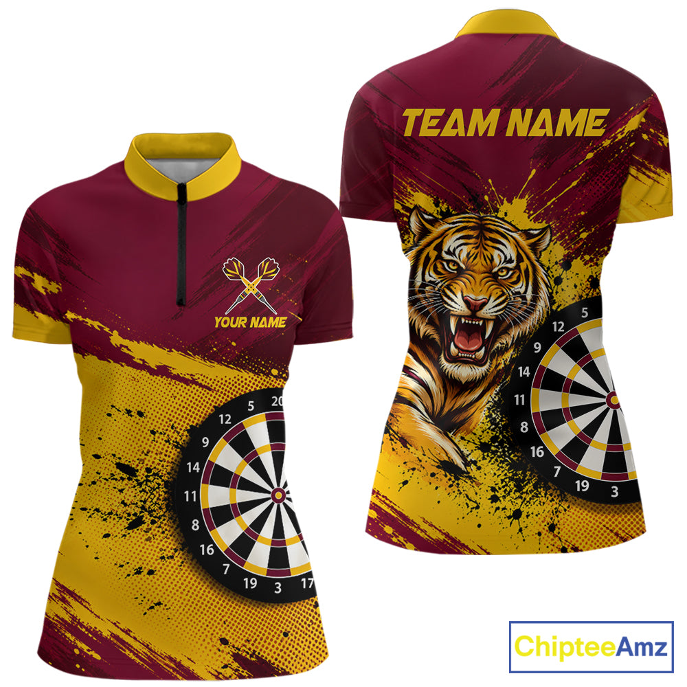 Tiger Splatter Darts Polo 1/4 Zip Shirt For Women Custom Maroon & Yellow Darts Jersey Darts Team Gift NYN4961