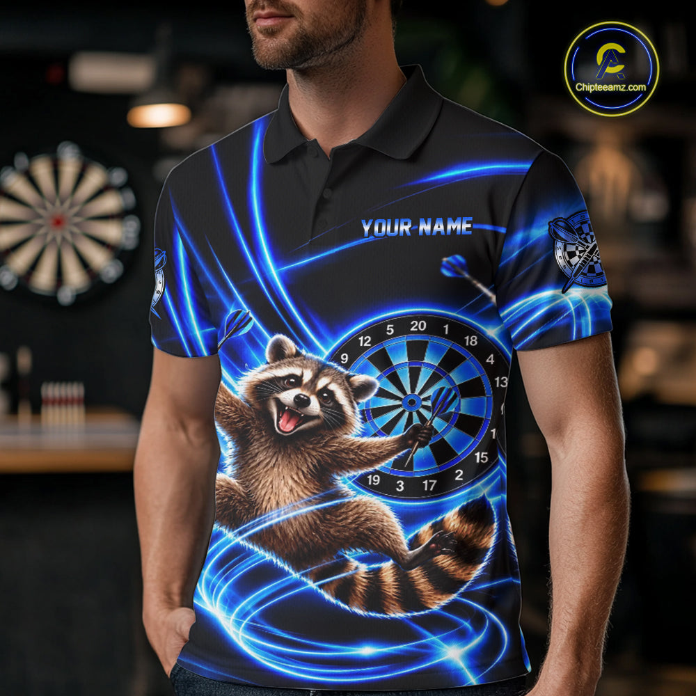 Funny Cute Raccoon Darts Polo 1/4-Zip Shirt Custom Blue Neon Glow Darts Apparel Gift For Men NYN4963