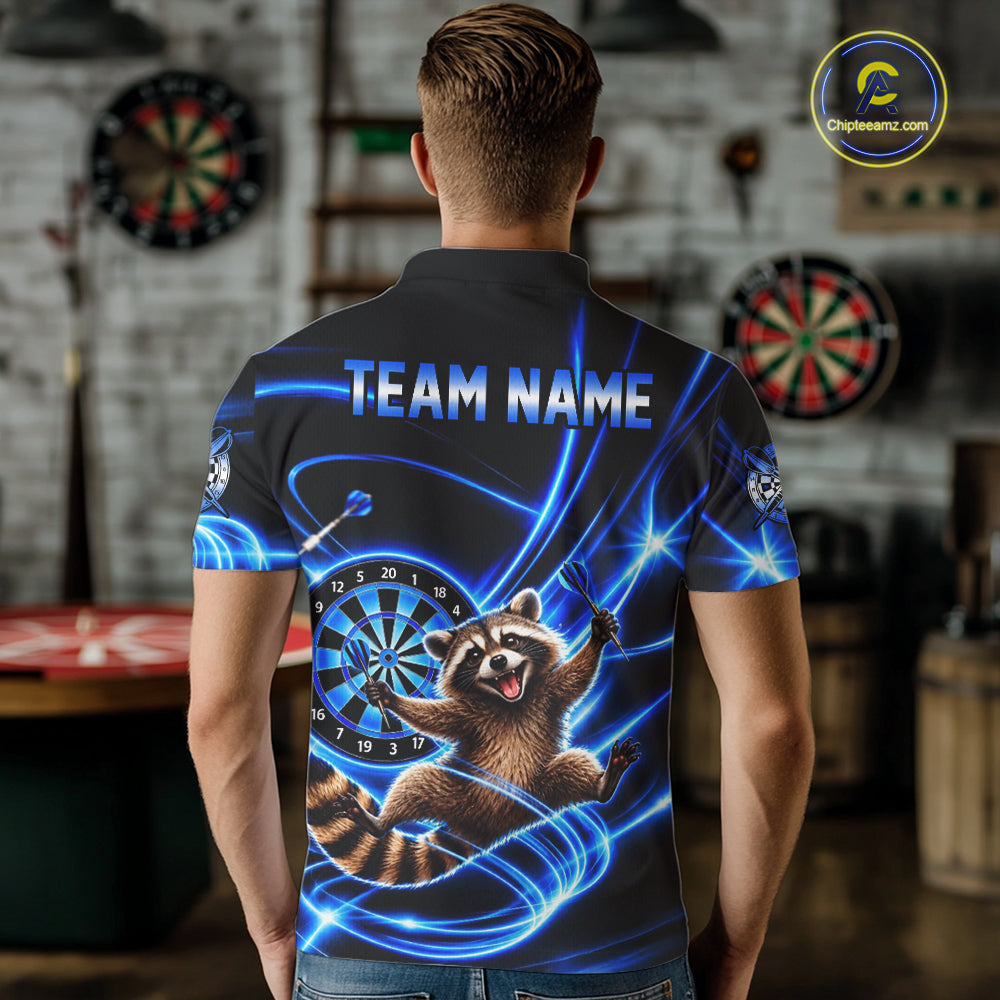 Funny Cute Raccoon Darts Polo 1/4-Zip Shirt Custom Blue Neon Glow Darts Apparel Gift For Men NYN4963