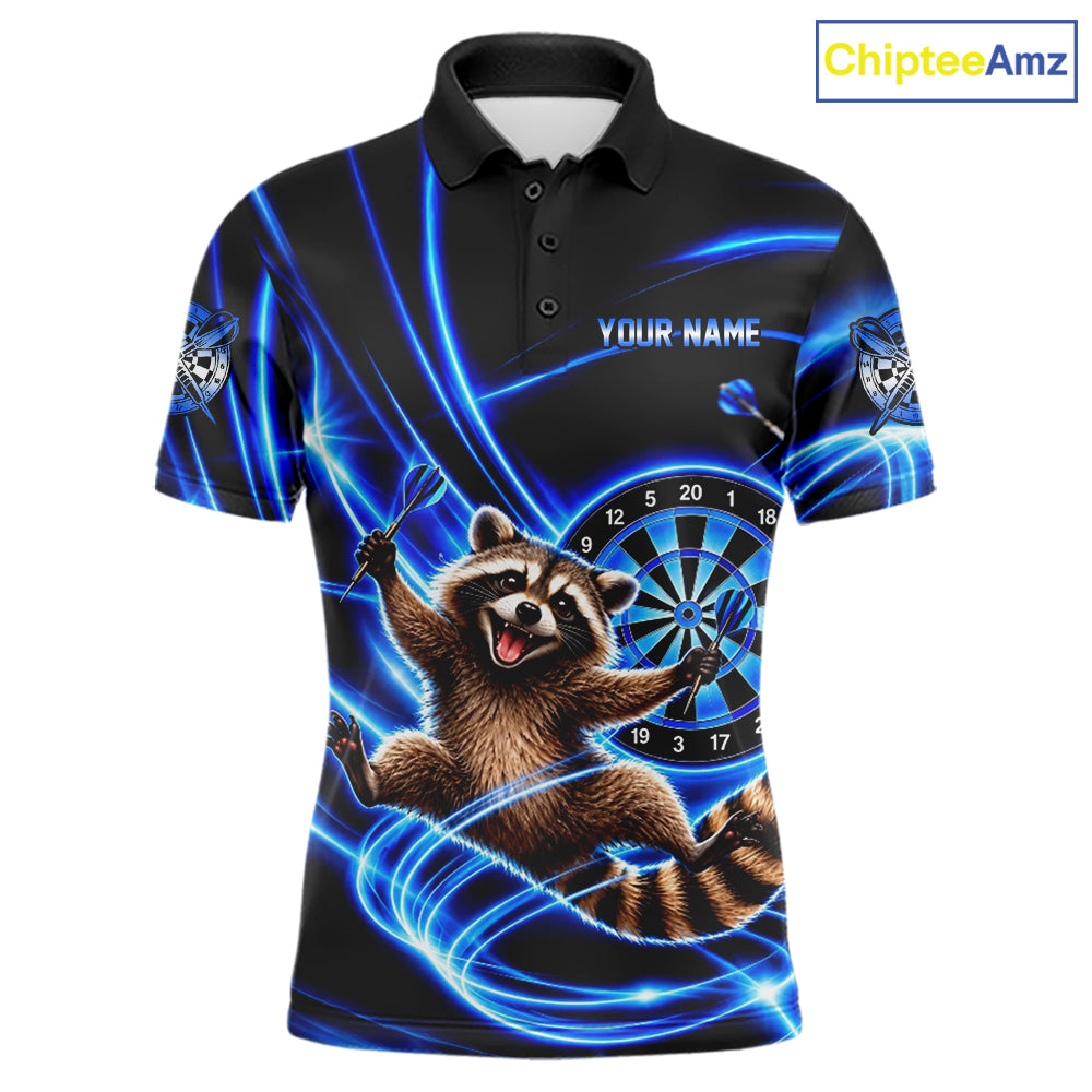 Funny Cute Raccoon Darts Polo 1/4-Zip Shirt Custom Blue Neon Glow Darts Apparel Gift For Men NYN4963