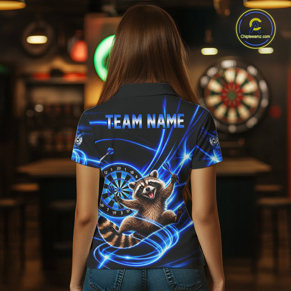 Funny Cute Raccoon Darts Polo 1/4-Zip Shirt Custom Blue Neon Glow Darts Apparel Gift For Women NYN4963