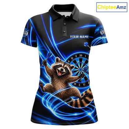 Funny Cute Raccoon Darts Polo 1/4-Zip Shirt Custom Blue Neon Glow Darts Apparel Gift For Women NYN4963