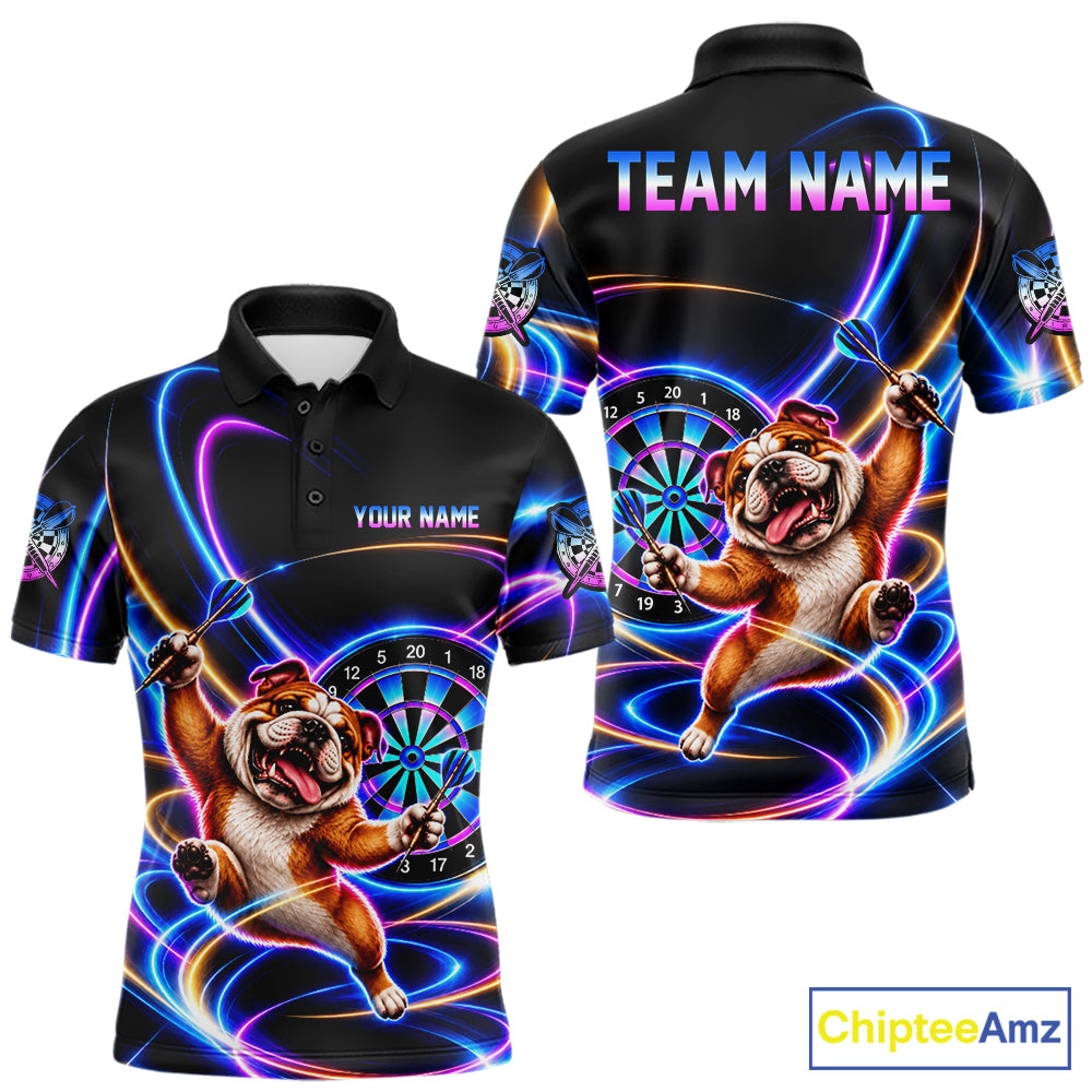 Funny Cute Bulldog Darts Polo 1/4-Zip Shirt Custom Colorful Neon Glow Darts Apparel Gift For Men NYN4962