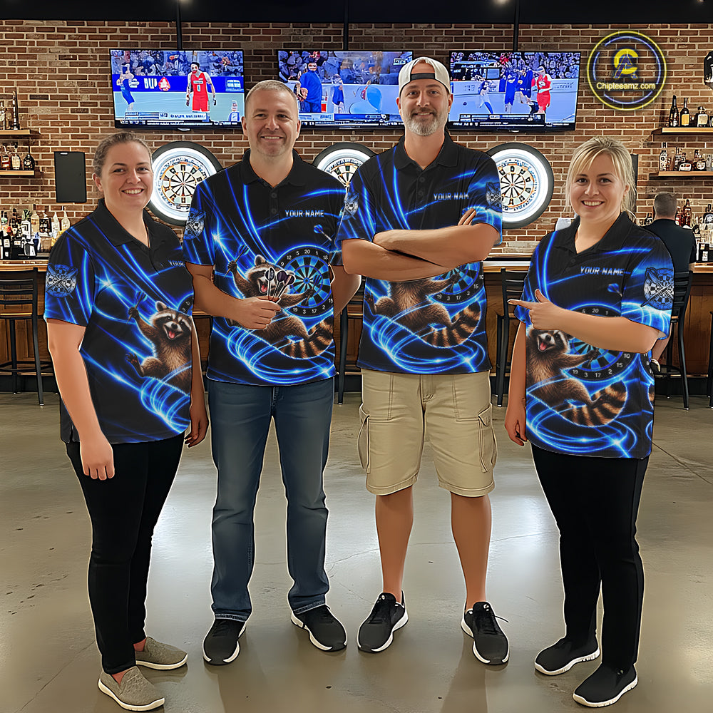 Funny Cute Raccoon Darts Polo 1/4-Zip Shirt Custom Blue Neon Glow Darts Apparel Gift For Women NYN4963