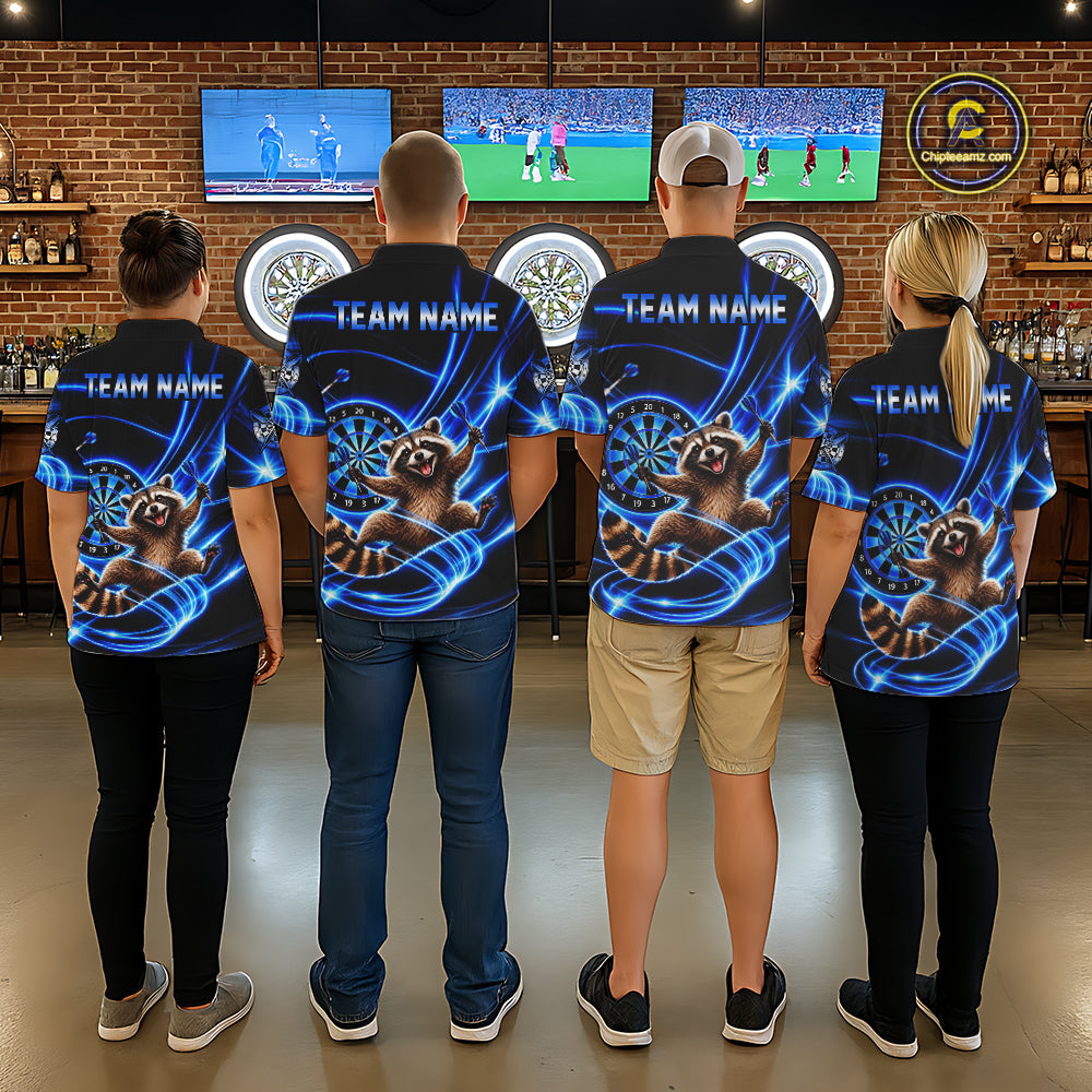 Funny Cute Raccoon Darts Polo 1/4-Zip Shirt Custom Blue Neon Glow Darts Apparel Gift For Women NYN4963