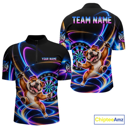 Funny Cute Bulldog Darts Polo 1/4-Zip Shirt Custom Colorful Neon Glow Darts Apparel Gift For Men NYN4962
