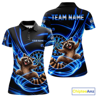 Funny Cute Raccoon Darts Polo 1/4-Zip Shirt Custom Blue Neon Glow Darts Apparel Gift For Women NYN4963