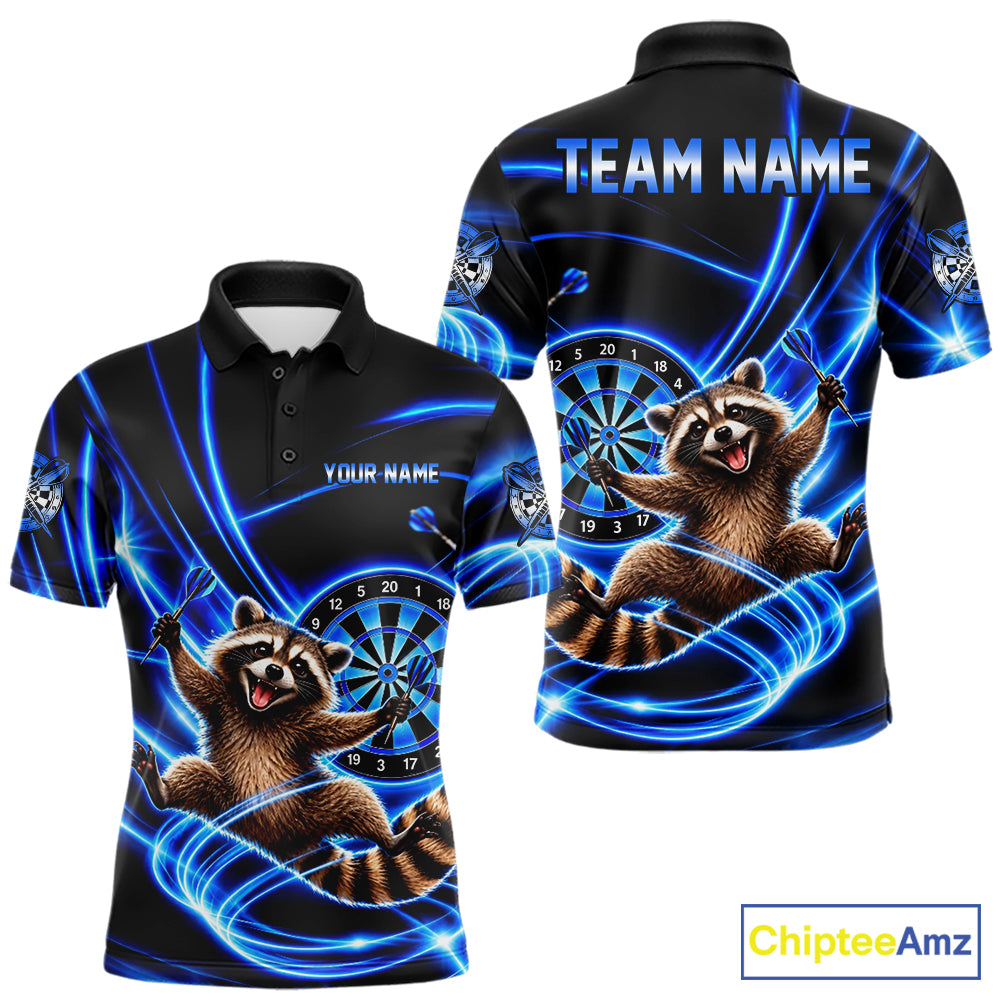 Funny Cute Raccoon Darts Polo 1/4-Zip Shirt Custom Blue Neon Glow Darts Apparel Gift For Men NYN4963