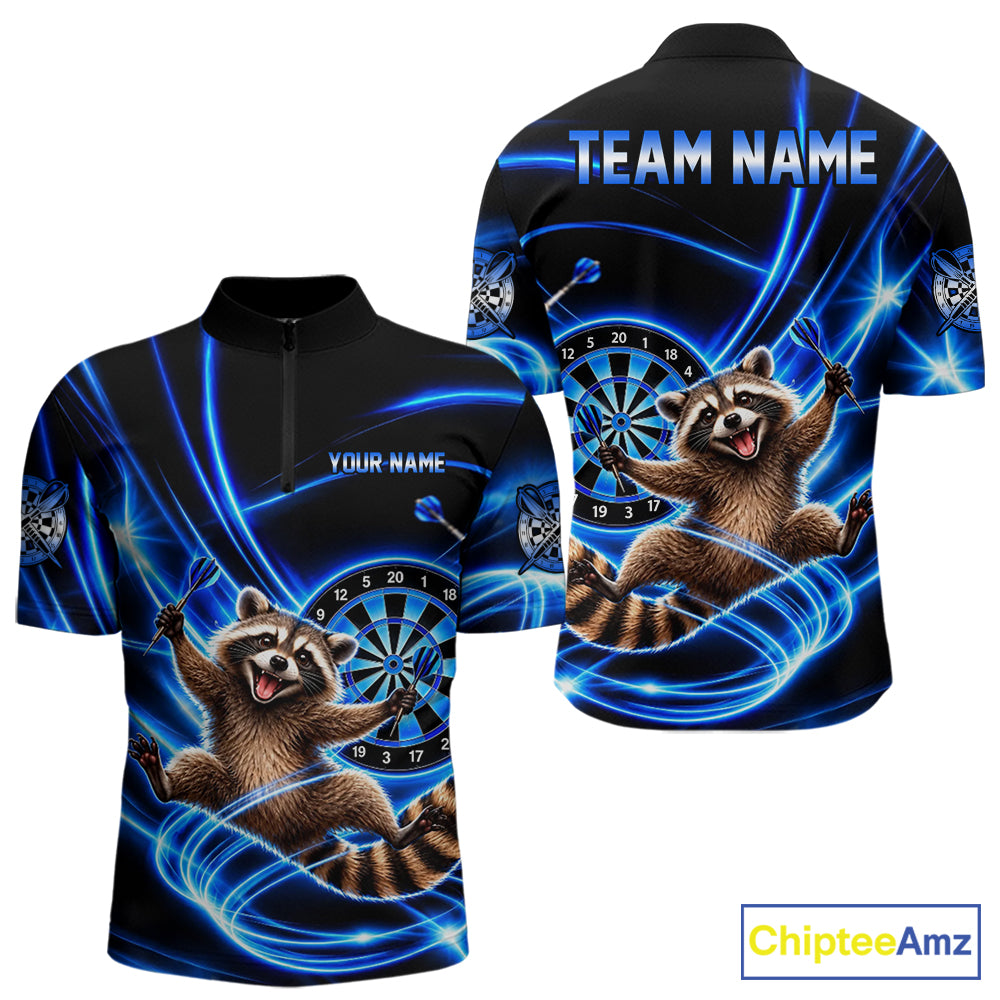 Funny Cute Raccoon Darts Polo 1/4-Zip Shirt Custom Blue Neon Glow Darts Apparel Gift For Men NYN4963