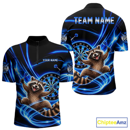 Funny Cute Raccoon Darts Polo 1/4-Zip Shirt Custom Blue Neon Glow Darts Apparel Gift For Men NYN4963
