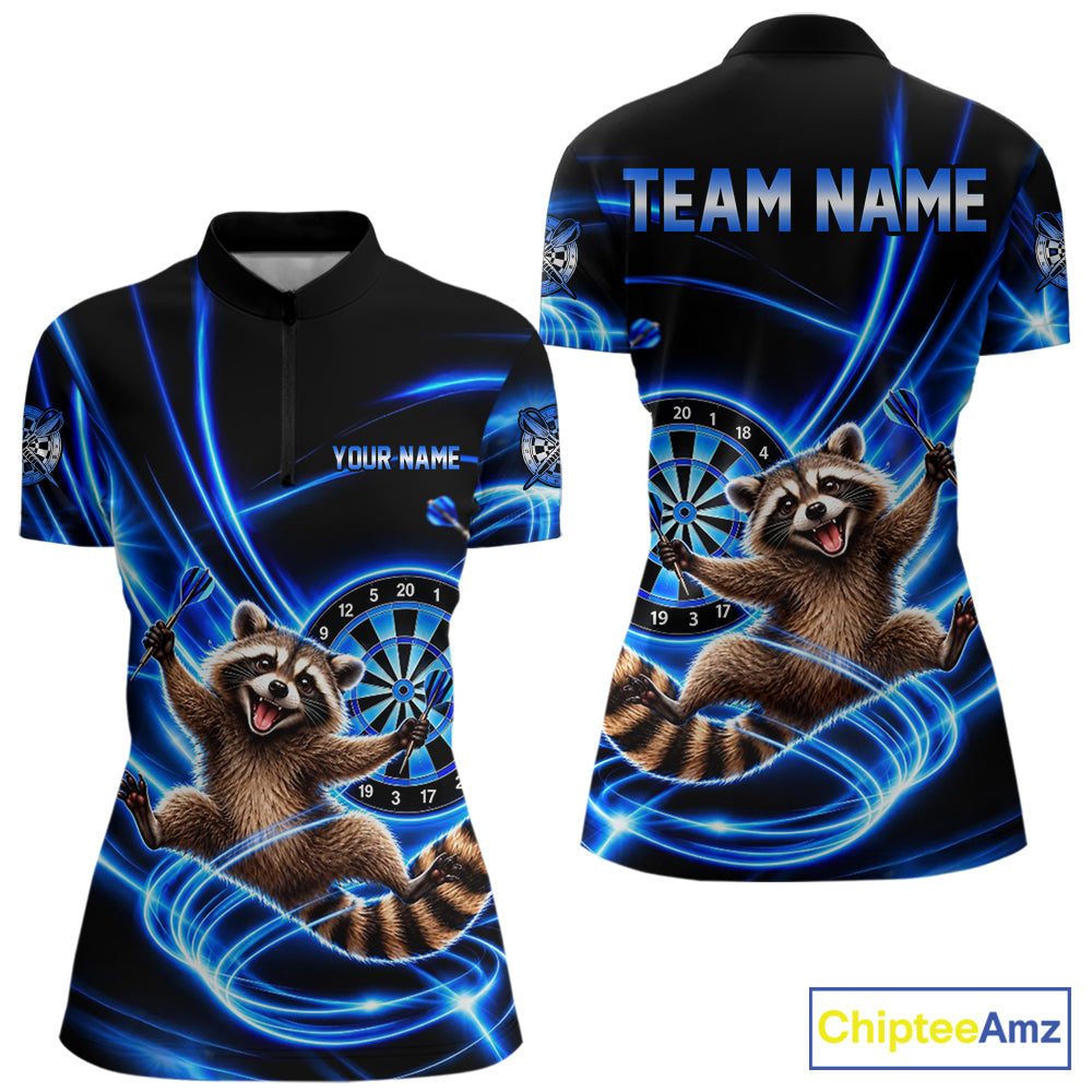 Funny Cute Raccoon Darts Polo 1/4-Zip Shirt Custom Blue Neon Glow Darts Apparel Gift For Women NYN4963
