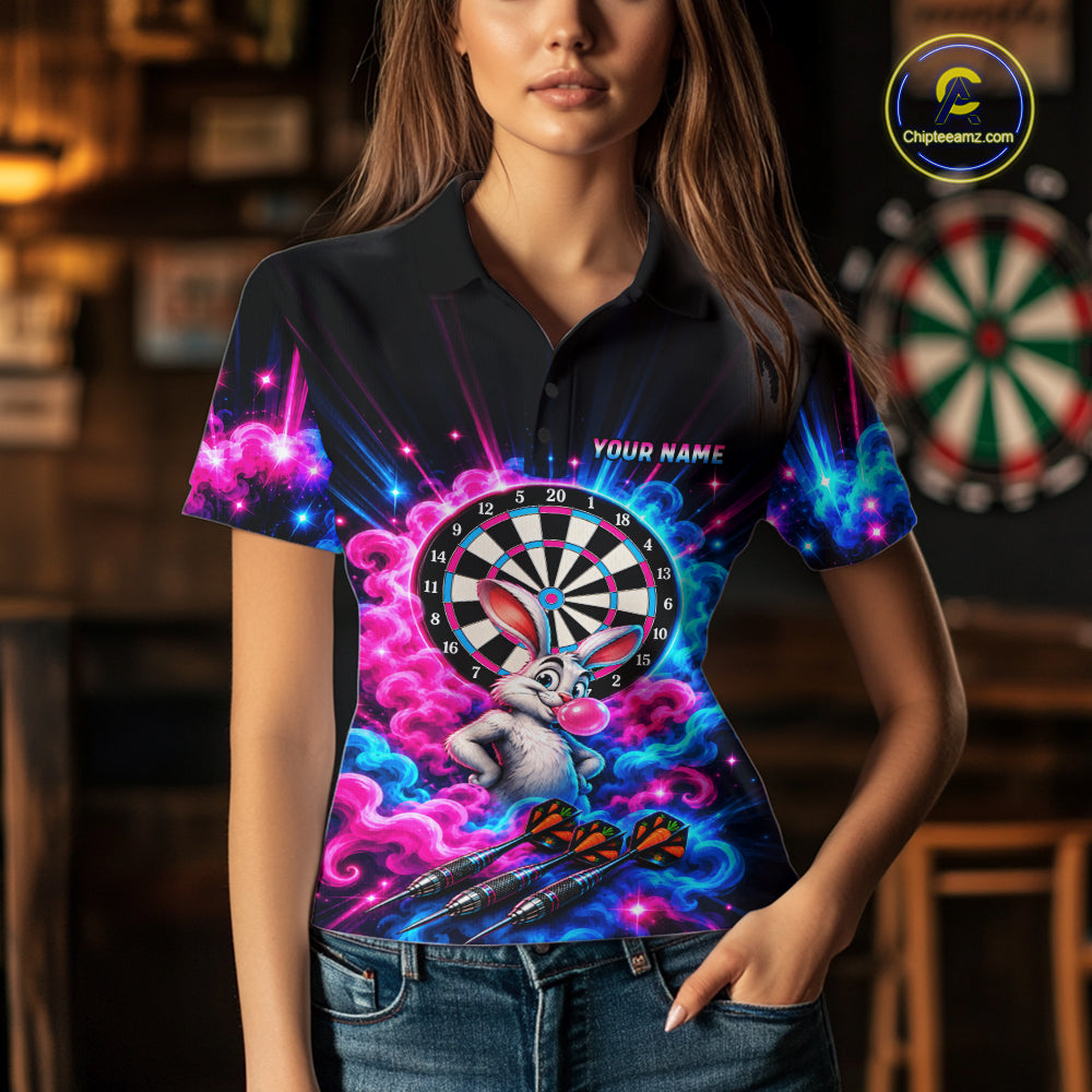 Pink Blue Rabbit Darts Polo 1/4-Zip For Women Personalized Bubble Gum Rabbit Dartboard Darts Team Shirt NYN4965