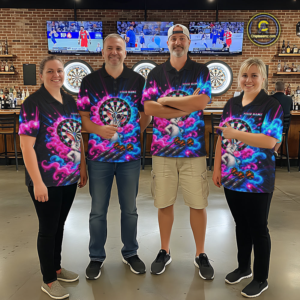 Pink Blue Rabbit Darts Polo 1/4-Zip For Men Personalized Bubble Gum Rabbit Dartboard Darts Team Shirt NYN4965