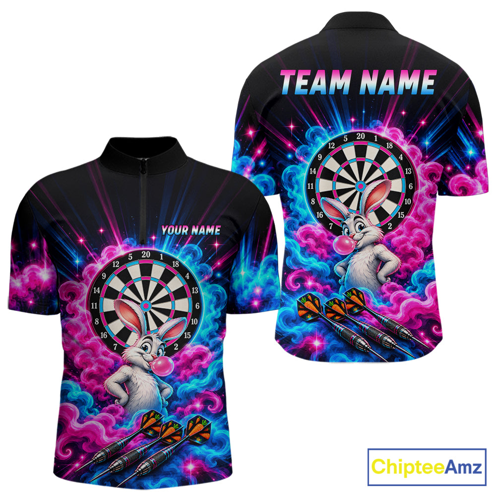 Pink Blue Rabbit Darts Polo 1/4-Zip For Men Personalized Bubble Gum Rabbit Dartboard Darts Team Shirt NYN4965