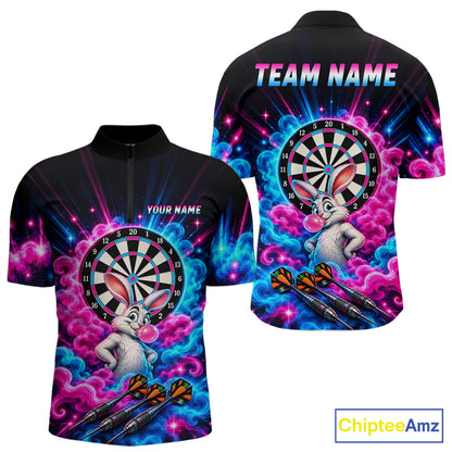 Pink Blue Rabbit Darts Polo 1/4-Zip For Men Personalized Bubble Gum Rabbit Dartboard Darts Team Shirt NYN4965