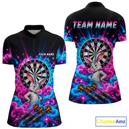 Pink Blue Rabbit Darts Polo 1/4-Zip For Women Personalized Bubble Gum Rabbit Dartboard Darts Team Shirt NYN4965