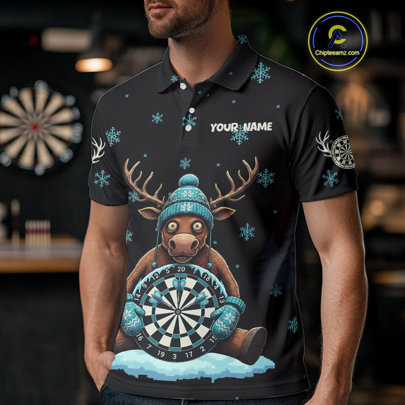 Custom Blue Snowflake Reindeer Ice Dartboard Men Polo Dart Jerseys Dart Gifts NYN2044