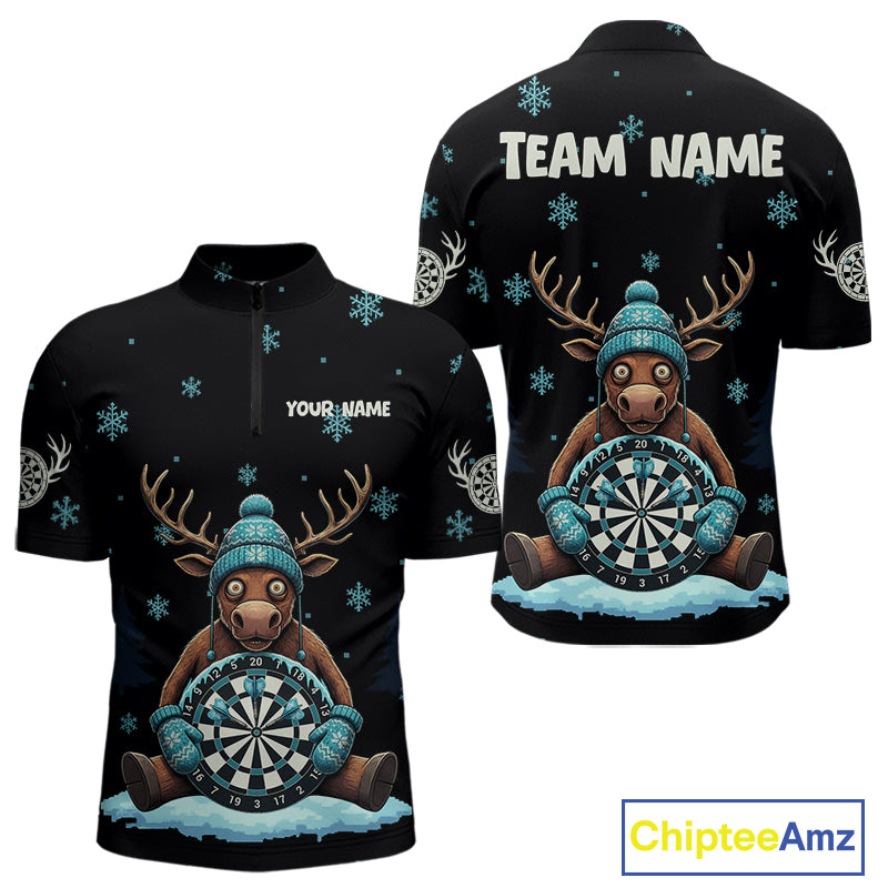 Custom Blue Snowflake Reindeer Ice Dartboard Men 1/4-Zip Dart Jerseys Dart Gifts NYN2044