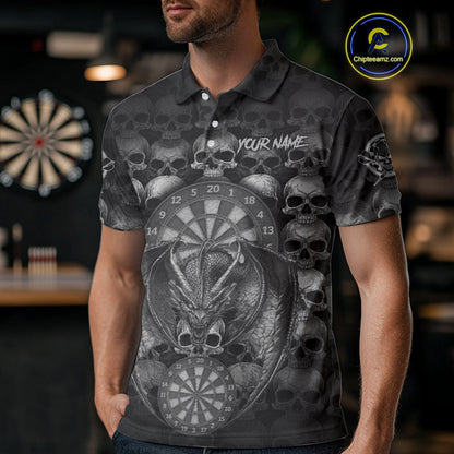Grey Skull Pattern Dragon Darts League Shirt Custom Retro Skull Men Darts Polo Jersey NYN2049