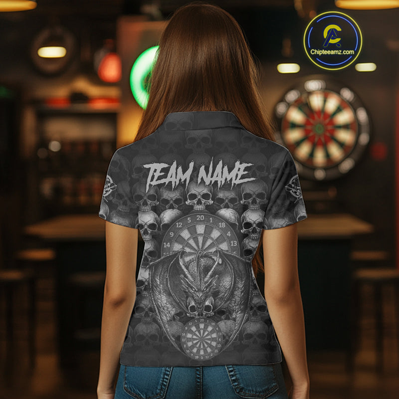 Grey Skull Pattern Dragon Darts League Shirt Custom Retro Skull Women Darts Polo Jersey NYN2049