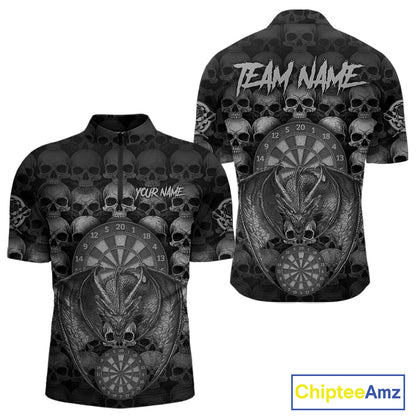Grey Skull Pattern Dragon Darts League Shirt Custom Retro Skull Men Darts 1/4-Zip Jersey NYN2049