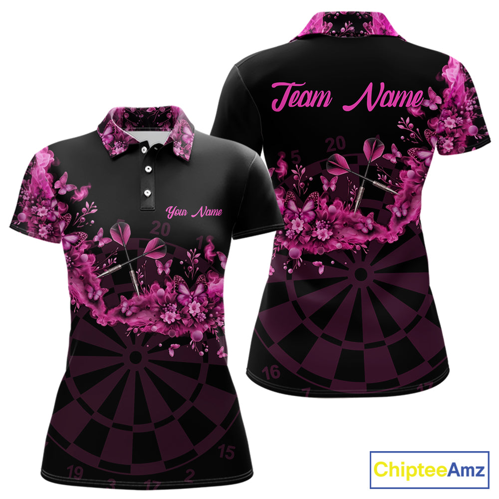 Black And Pink Flowers Smoke Butterflies Custom Women Darts Polo Shirts Dart Team Jerseys NYN2261
