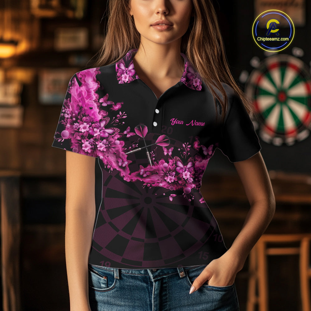 Black And Pink Flowers Smoke Butterflies Custom Women Darts Polo Shirts Dart Team Jerseys NYN2261