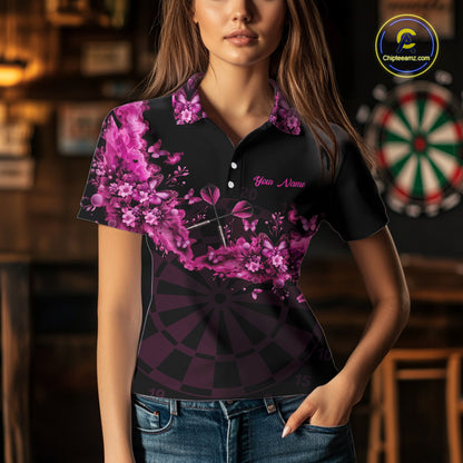 Black And Pink Flowers Smoke Butterflies Custom Women Darts Polo Shirts Dart Team Jerseys NYN2261