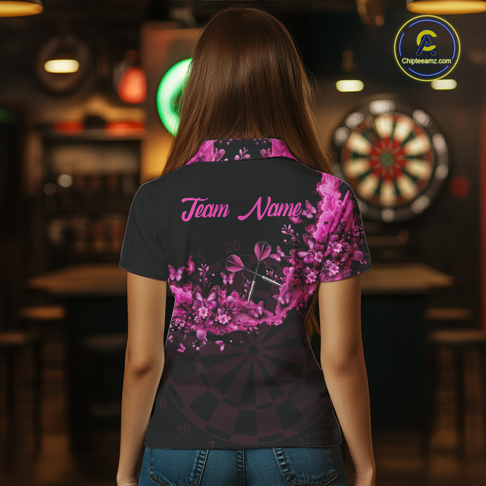 Black And Pink Flowers Smoke Butterflies Custom Women Darts Polo Shirts Dart Team Jerseys NYN2261