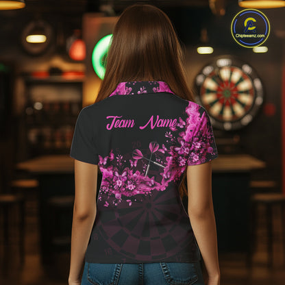Black And Pink Flowers Smoke Butterflies Custom Women Darts Polo Shirts Dart Team Jerseys NYN2261