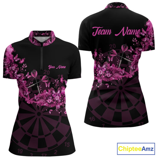 Black And Pink Flowers Smoke Butterflies Custom Women Darts Quarter-Zip Shirts Dart Team Jerseys NYN2261
