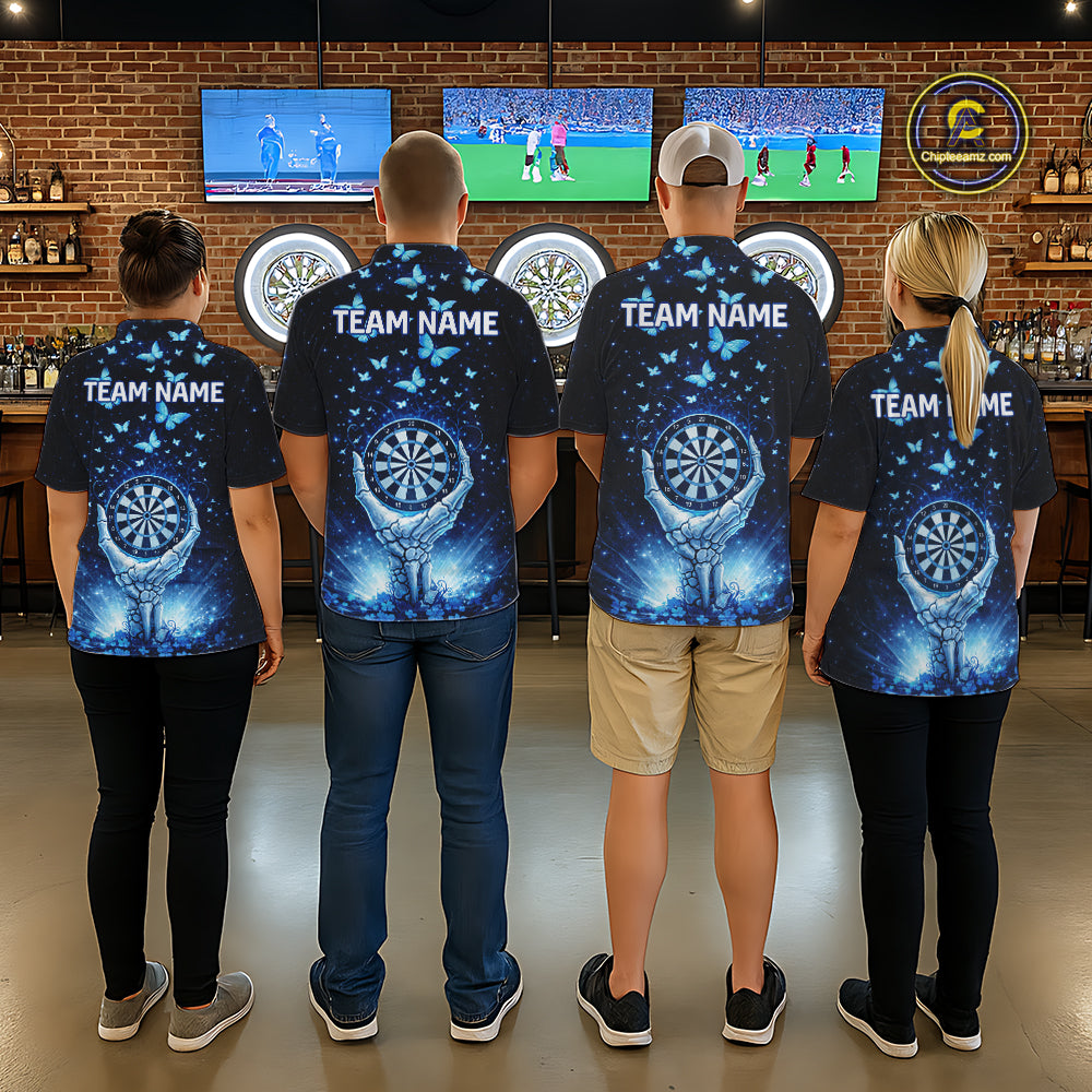 Blue Light Butterflies Skull Dartboard Custom Men Darts Polo Shirts Dart League Jerseys NYN2263