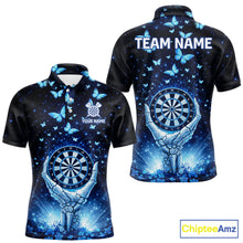 Load image into Gallery viewer, Blue Light Butterflies Skull Dartboard Custom Men Darts Polo Shirts Dart League Jerseys NYN2263