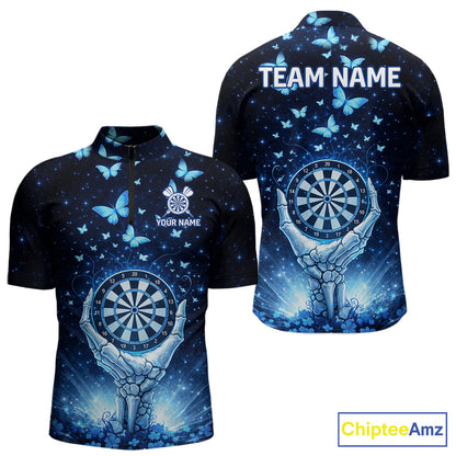 Blue Light Butterflies Skull Dartboard Custom Men Darts Quarter-Zip Shirts Dart League Jerseys NYN2263