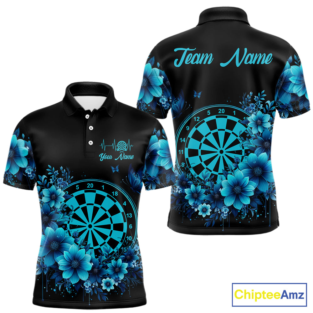 Blue Flowers & Butterfly Dartboard Custom Men Darts Polo Shirts Dart League Jerseys NYN2265