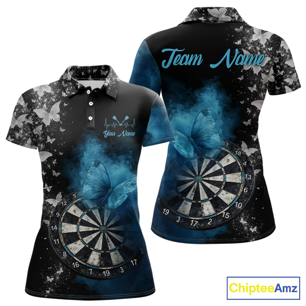 Custom Silver Butterfly Blue Smoking Grunge Dartboard Women Darts Polo Shirts Dart Jerseys NYN2266